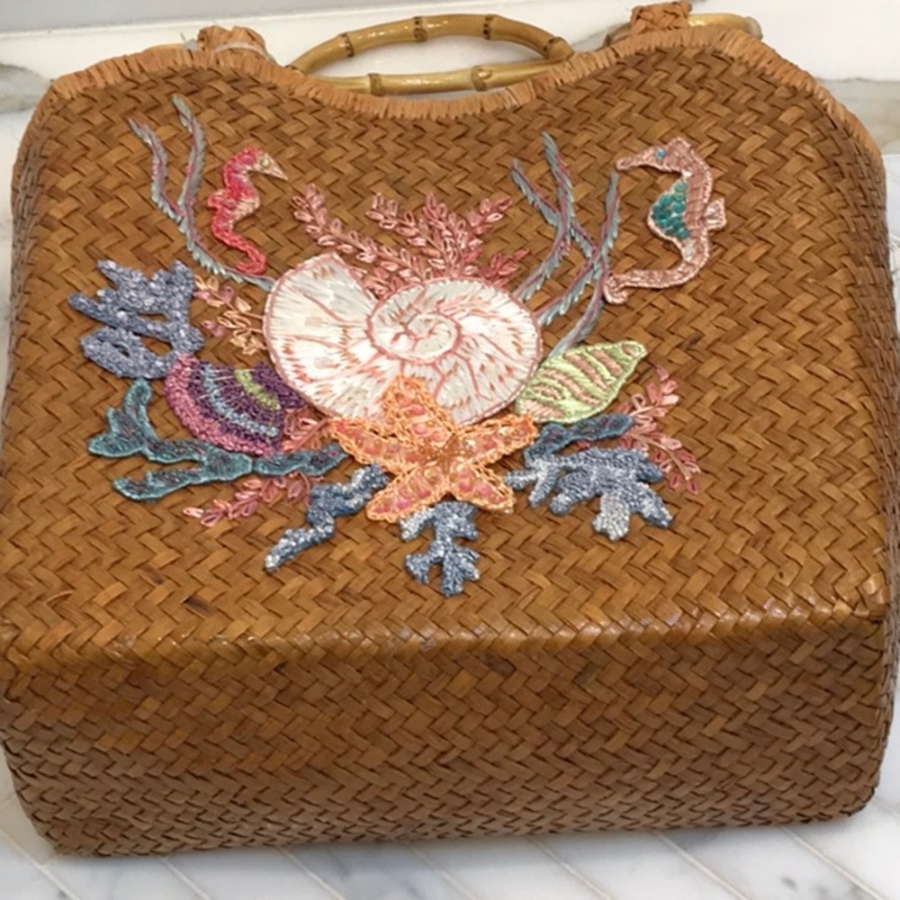 Cappelli Straw handbag nwt, summer beach bag, seashells, bamboo handles - Picture 11 of 13